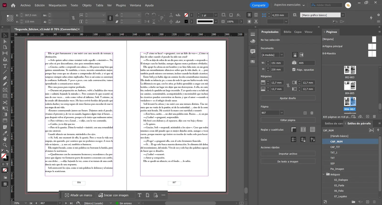 Maqueta de la novela en InDesign: 835 páginas en formato 151 por 230 milímetros
